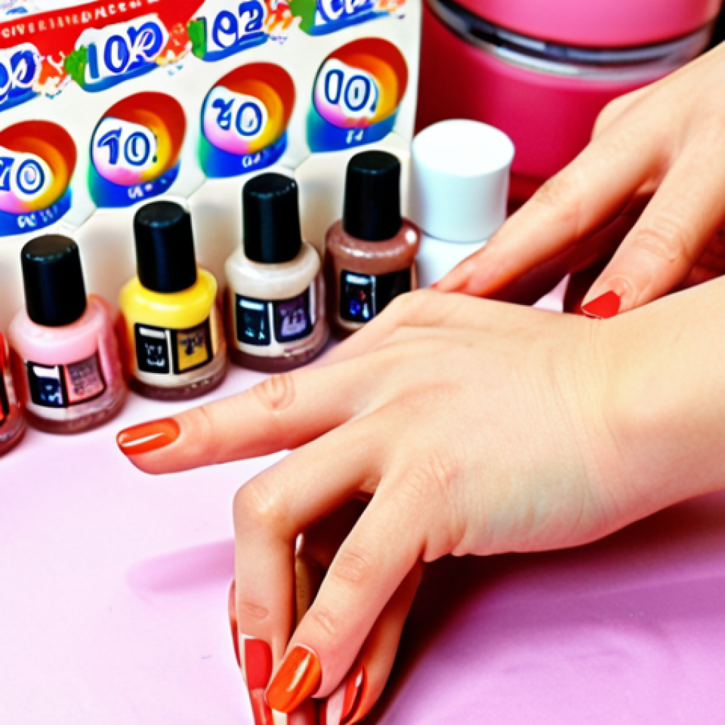 **Image Prompt:** Close-up of hands applying nail polish. 100-yen shop nail polish bottles in the background, various colors. Focus on vibrant color payoff and easy application. Soft, diffused lighting. Japanese text "100均ネイル" (Hyakkin Neiru - 100 Yen Nail) subtly visible.