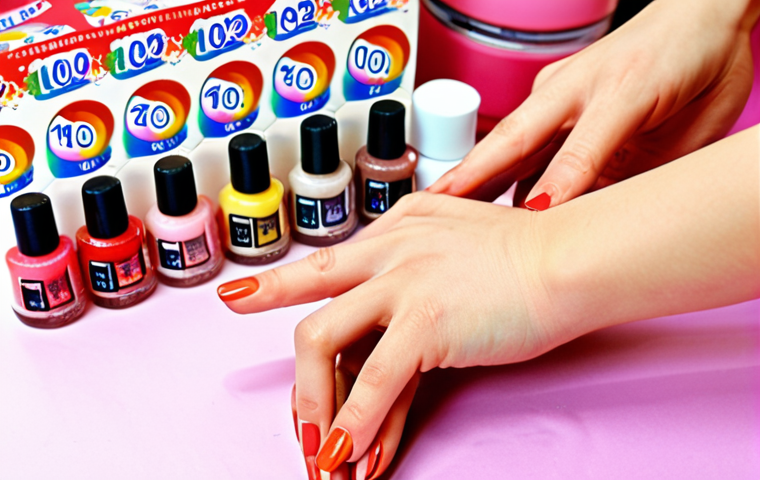 **Image Prompt:** Close-up of hands applying nail polish. 100-yen shop nail polish bottles in the background, various colors. Focus on vibrant color payoff and easy application. Soft, diffused lighting. Japanese text "100均ネイル" (Hyakkin Neiru - 100 Yen Nail) subtly visible.