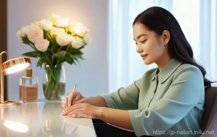 네일아트 고객 리뷰 관리 - **Prompt:** A serene and luxurious nail salon interior, bathed in soft, warm lighting. In the foregr...