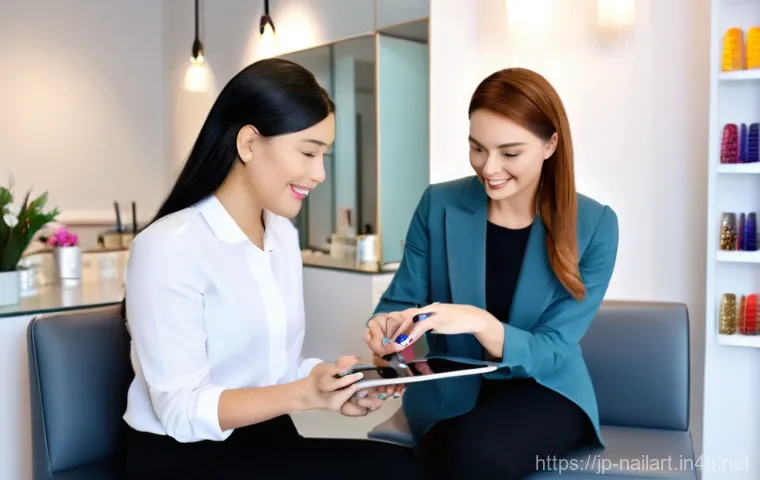 네일아트 고객 리뷰 관리 - **Prompt:** A close-up, dynamic shot focusing on a customer's hands with freshly applied, intricate ...