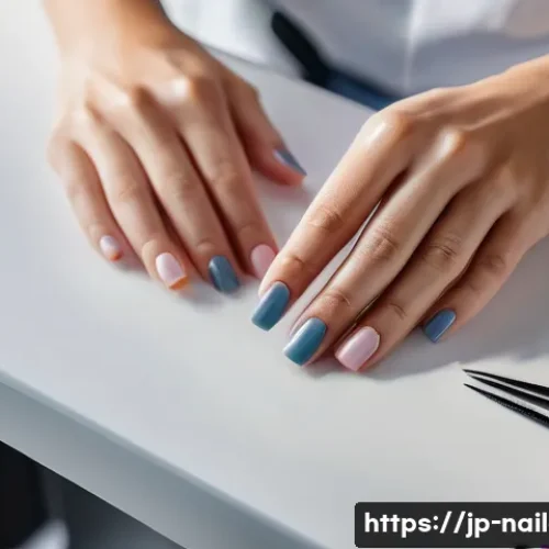 네일아트 실무에서 자주 발생하는 문제 해결법 - A close-up, high-angle shot of a female nail technician's hands, meticulously performing cuticle car...