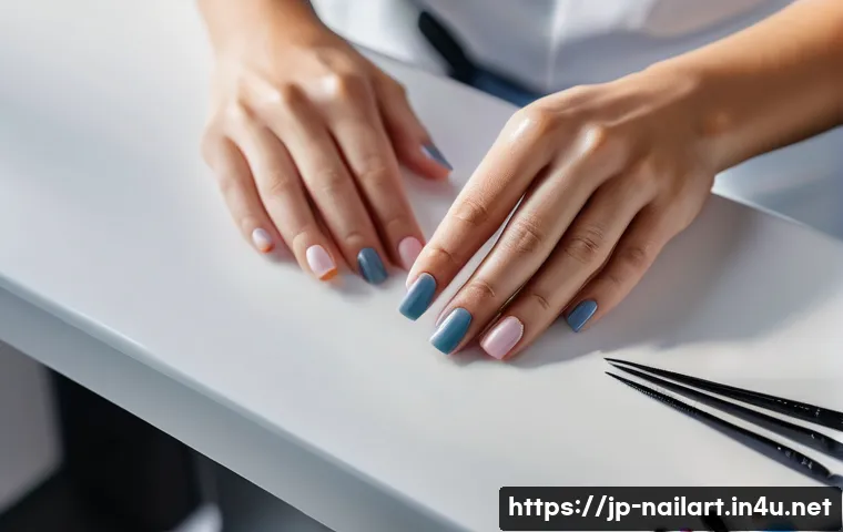 네일아트 실무에서 자주 발생하는 문제 해결법 - A close-up, high-angle shot of a female nail technician's hands, meticulously performing cuticle car...