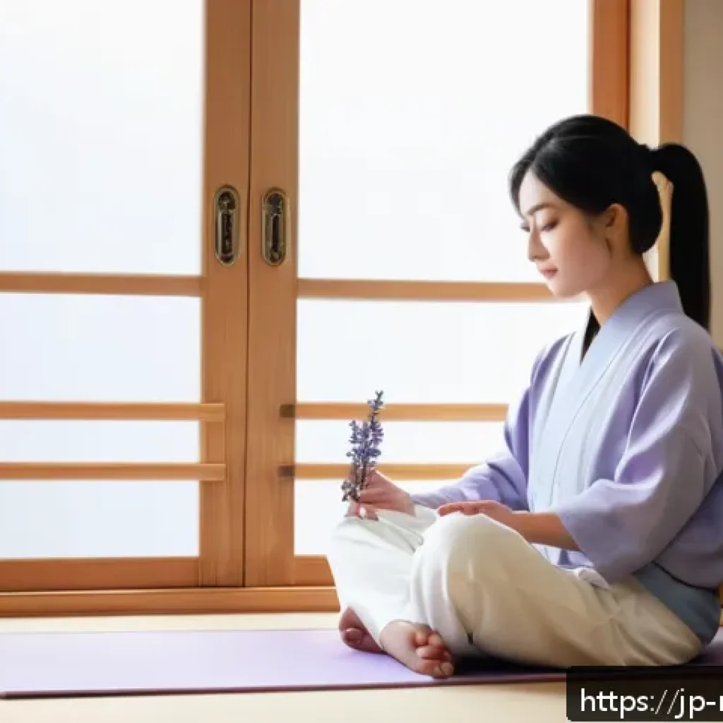 네일아티스트의 스트레스 관리법 - A calm and cozy home setting featuring a young Japanese female nail artist taking a mindful deep abd...