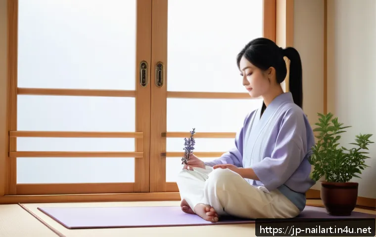 네일아티스트의 스트레스 관리법 - A calm and cozy home setting featuring a young Japanese female nail artist taking a mindful deep abd...