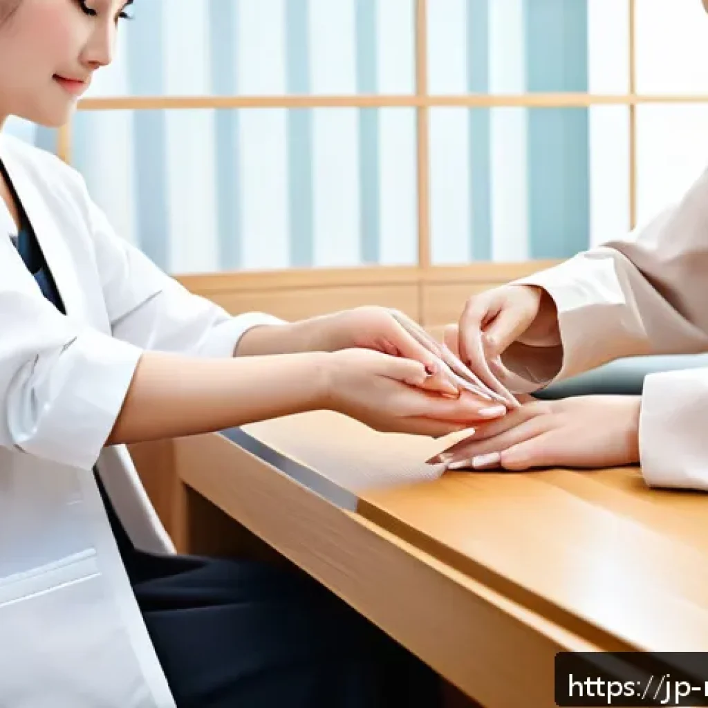 네일아티스트가 알아야 할 피부 관리 상식 - A modern Japanese nail salon scene focused on a professional nail technician carefully examining a f...