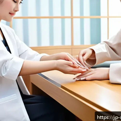 네일아티스트가 알아야 할 피부 관리 상식 - A modern Japanese nail salon scene focused on a professional nail technician carefully examining a f...