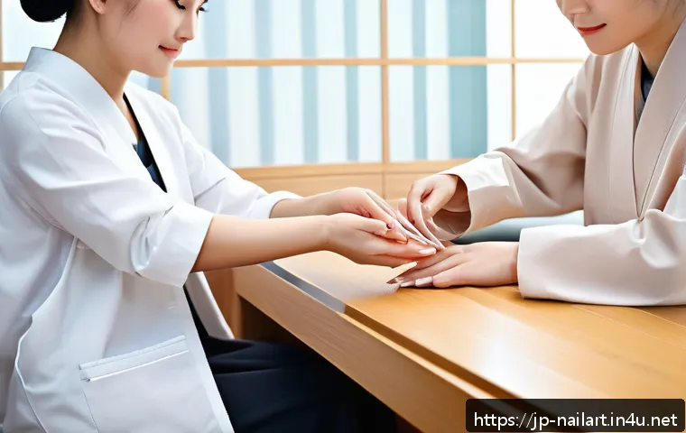 네일아티스트가 알아야 할 피부 관리 상식 - A modern Japanese nail salon scene focused on a professional nail technician carefully examining a f...